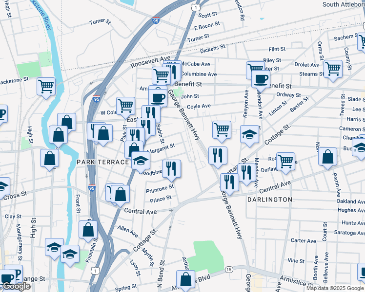 map of restaurants, bars, coffee shops, grocery stores, and more near 33 Mavis Street in Pawtucket
