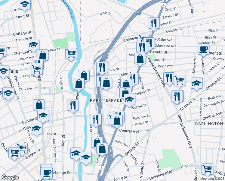 map of restaurants, bars, coffee shops, grocery stores, and more near 78 1/2 Japonica Street in Pawtucket