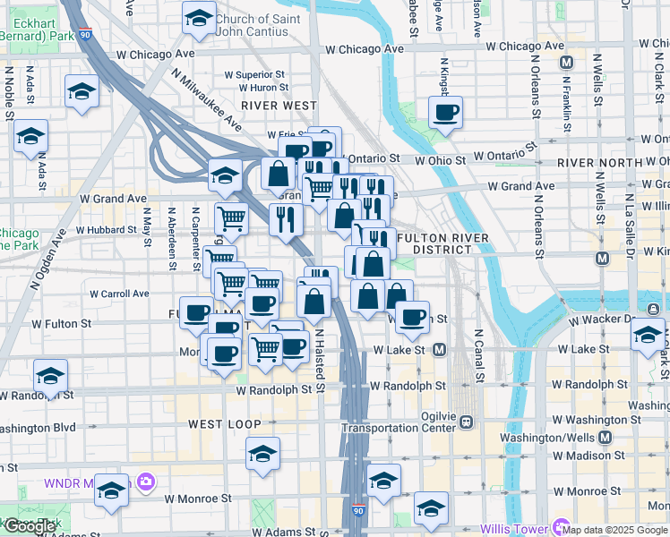 map of restaurants, bars, coffee shops, grocery stores, and more near 716 West Kinzie Street in Chicago