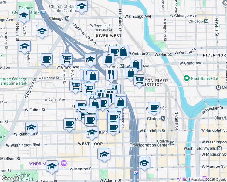 map of restaurants, bars, coffee shops, grocery stores, and more near 875 West Kinzie Street in Chicago