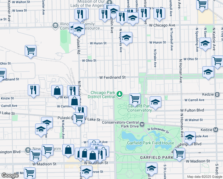 map of restaurants, bars, coffee shops, grocery stores, and more near 430 North Hamlin Avenue in Chicago