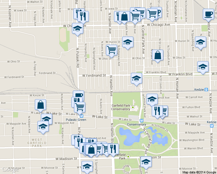 map of restaurants, bars, coffee shops, grocery stores, and more near 430 North Hamlin Avenue in Chicago