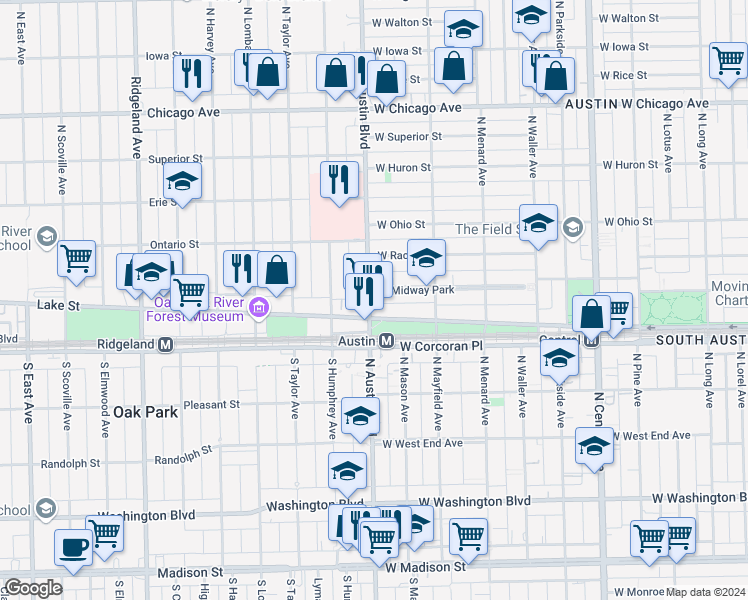 map of restaurants, bars, coffee shops, grocery stores, and more near 5948 West Midway Park in Chicago