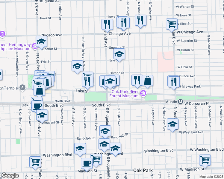 map of restaurants, bars, coffee shops, grocery stores, and more near 140 North Ridgeland Avenue in Oak Park