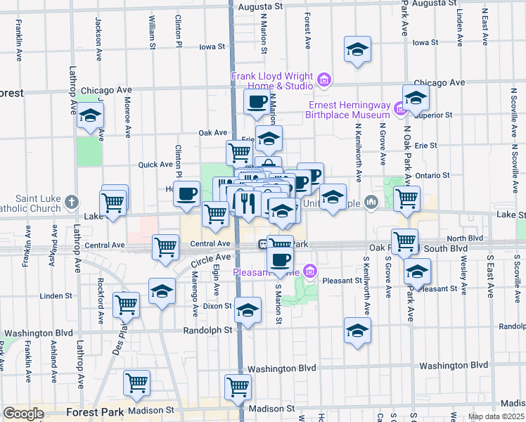 map of restaurants, bars, coffee shops, grocery stores, and more near 1128 Lake Street in Oak Park