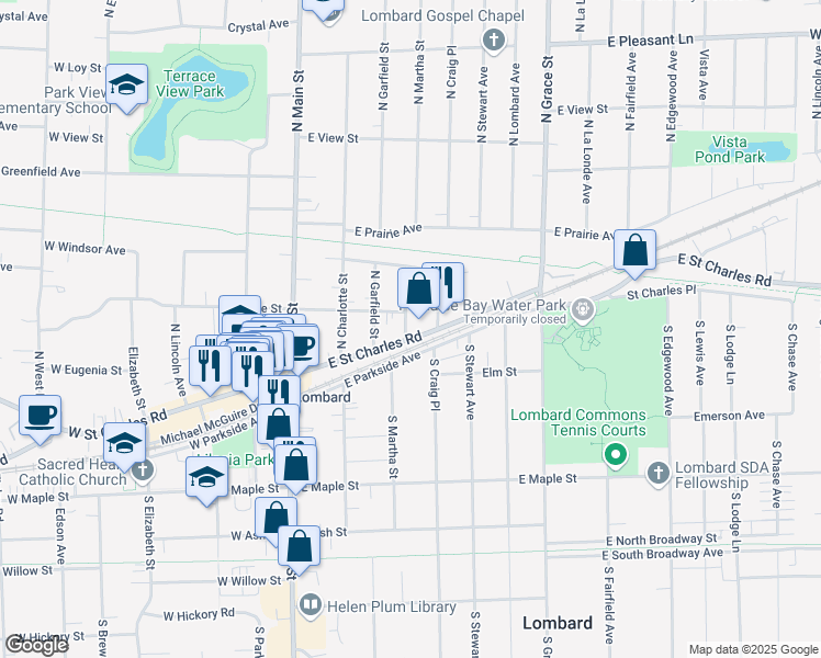 map of restaurants, bars, coffee shops, grocery stores, and more near 143 East Grove Street in Lombard