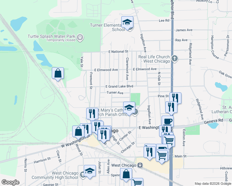 map of restaurants, bars, coffee shops, grocery stores, and more near 112 Main Street in West Chicago