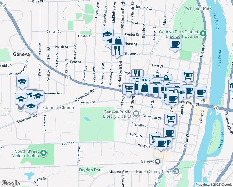 map of restaurants, bars, coffee shops, grocery stores, and more near 2 Anderson Boulevard in Geneva
