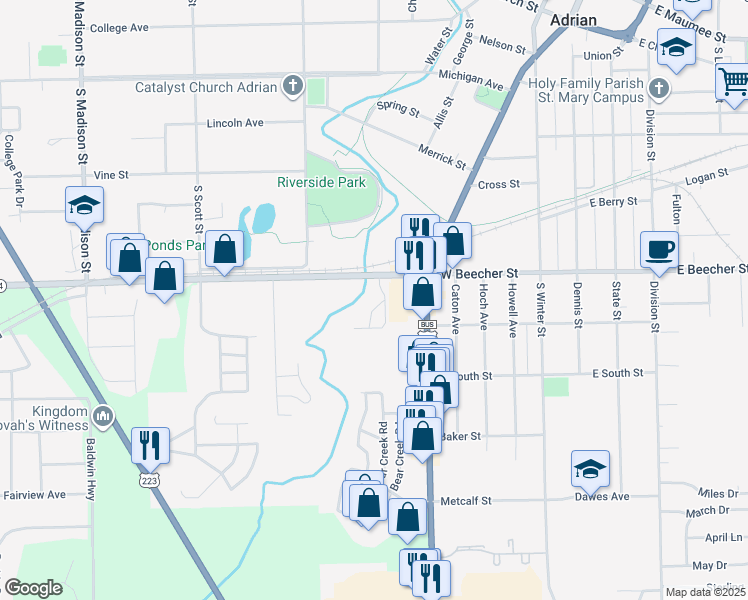 map of restaurants, bars, coffee shops, grocery stores, and more near 663 West Beecher Street in Adrian