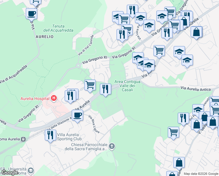 map of restaurants, bars, coffee shops, grocery stores, and more near Strada Statale 1 in Rome