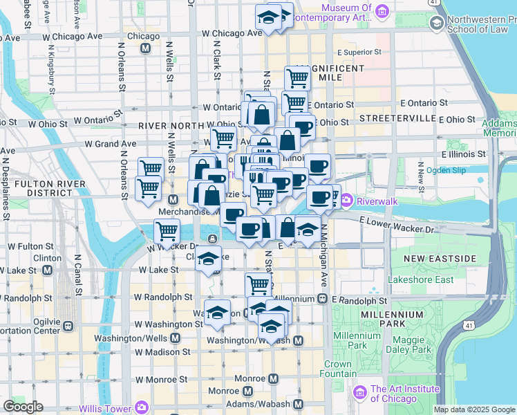 map of restaurants, bars, coffee shops, grocery stores, and more near 329 North Dearborn Street in Chicago