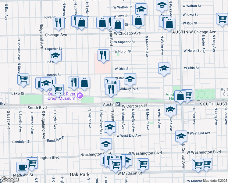 map of restaurants, bars, coffee shops, grocery stores, and more near 447 North Austin Boulevard in Chicago