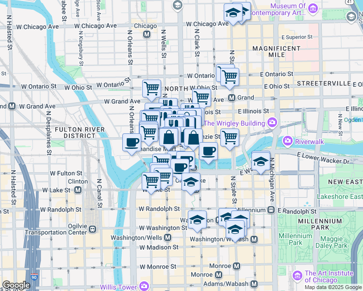 map of restaurants, bars, coffee shops, grocery stores, and more near 344 North LaSalle Street in Chicago