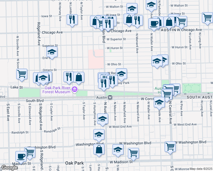 map of restaurants, bars, coffee shops, grocery stores, and more near 447 North Austin Boulevard in Chicago