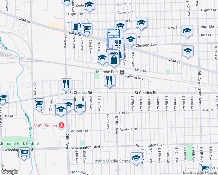 map of restaurants, bars, coffee shops, grocery stores, and more near 34 South 20th Avenue in Maywood
