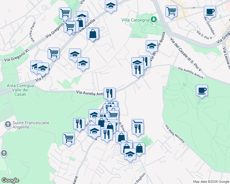 map of restaurants, bars, coffee shops, grocery stores, and more near 466 Via Aurelia Antica in Roma