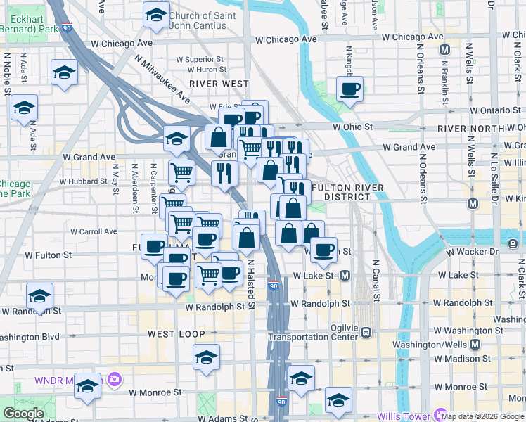 map of restaurants, bars, coffee shops, grocery stores, and more near 716 West Kinzie Street in Chicago