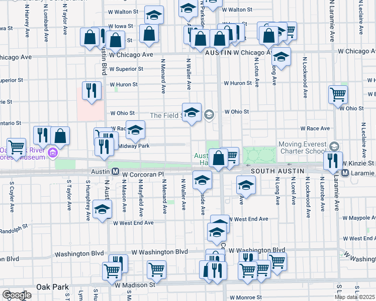 map of restaurants, bars, coffee shops, grocery stores, and more near 5701 West Midway Park in Chicago