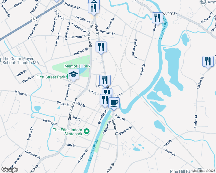 map of restaurants, bars, coffee shops, grocery stores, and more near 472 Weir Street in Taunton