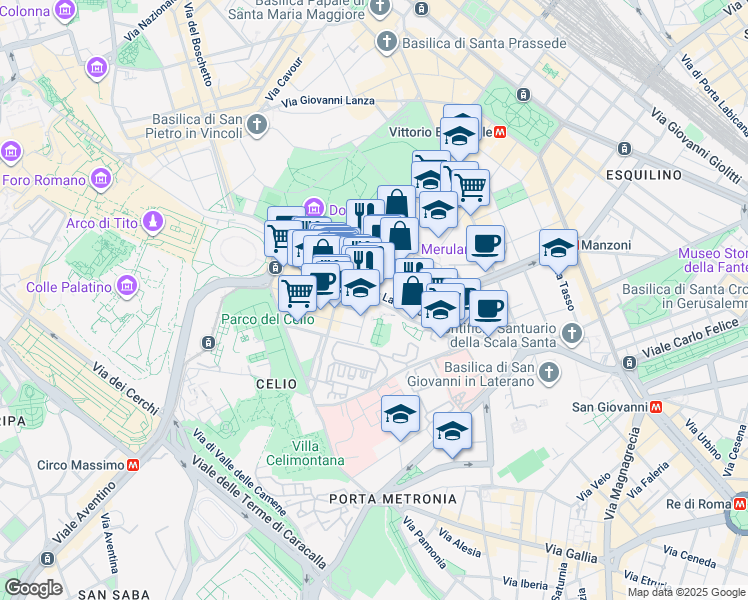 map of restaurants, bars, coffee shops, grocery stores, and more near 21 Via dei Santi Quattro in Rome
