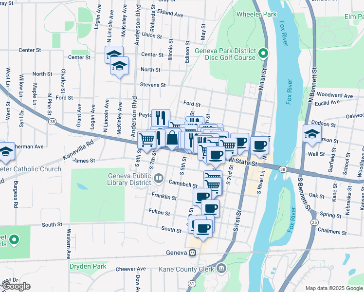 map of restaurants, bars, coffee shops, grocery stores, and more near 18 North 5th Street in Geneva