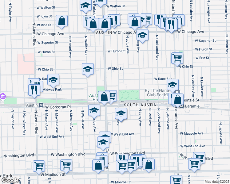 map of restaurants, bars, coffee shops, grocery stores, and more near 440 North Pine Avenue in Chicago