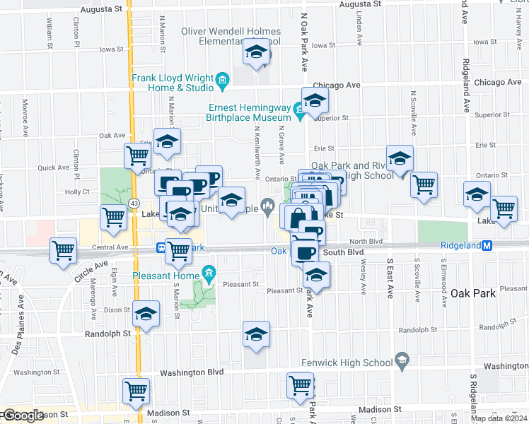 map of restaurants, bars, coffee shops, grocery stores, and more near Lake St & N Kenilworth Ave in Oak Park