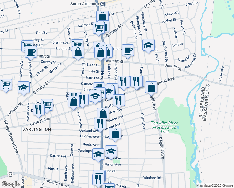 map of restaurants, bars, coffee shops, grocery stores, and more near 337 Grand Avenue in Pawtucket