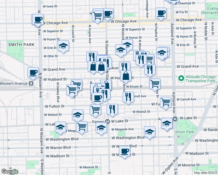map of restaurants, bars, coffee shops, grocery stores, and more near 2004 West Kinzie Street in Chicago