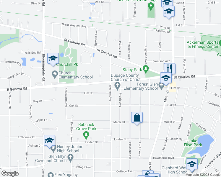 map of restaurants, bars, coffee shops, grocery stores, and more near Western Ave & Elm St in Glen Ellyn