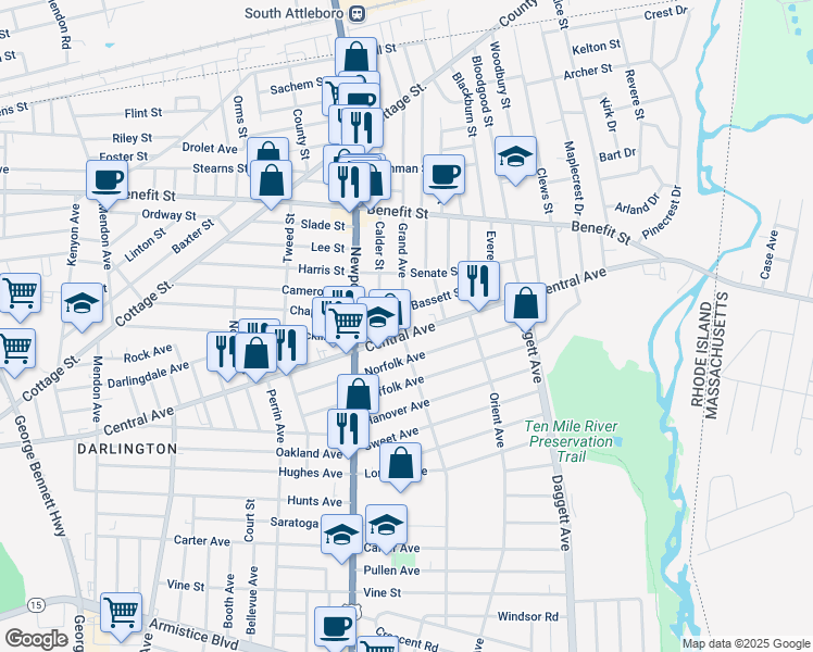 map of restaurants, bars, coffee shops, grocery stores, and more near 337 Grand Avenue in Pawtucket