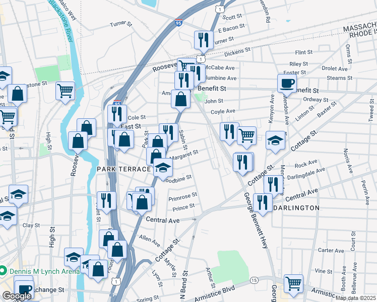 map of restaurants, bars, coffee shops, grocery stores, and more near 28 Magnolia Street in Pawtucket