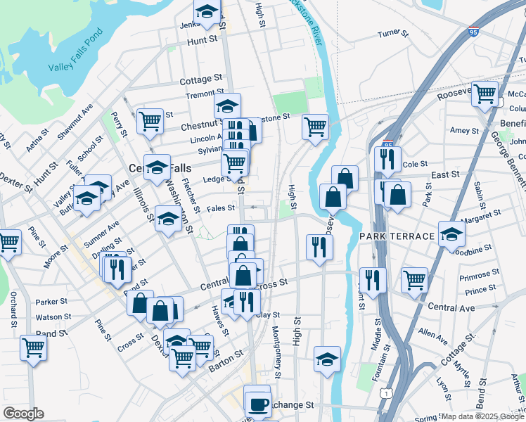 map of restaurants, bars, coffee shops, grocery stores, and more near 13 Fales Street in Central Falls