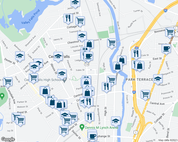 map of restaurants, bars, coffee shops, grocery stores, and more near 13 Fales Street in Central Falls