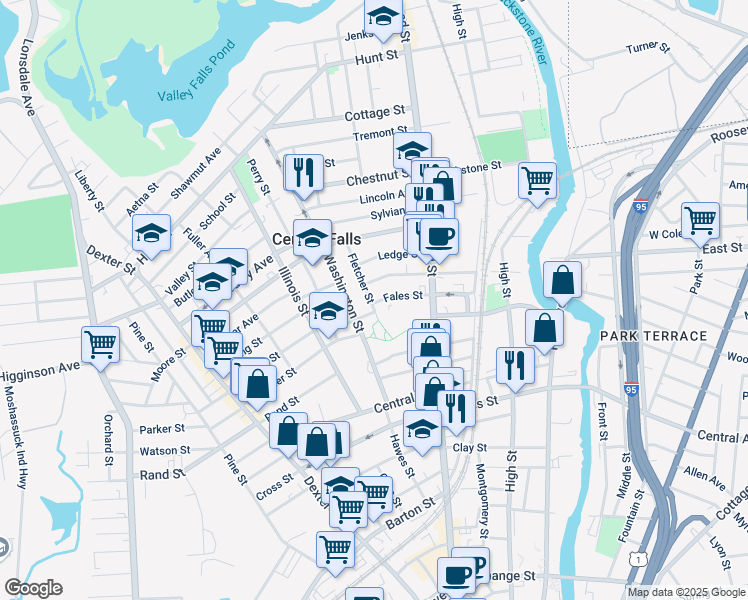 map of restaurants, bars, coffee shops, grocery stores, and more near 77 Fales Street in Central Falls