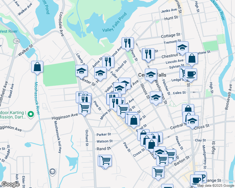 map of restaurants, bars, coffee shops, grocery stores, and more near 114 Butler Avenue in Central Falls