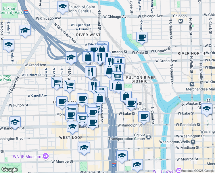 map of restaurants, bars, coffee shops, grocery stores, and more near 716 West Kinzie Street in Chicago