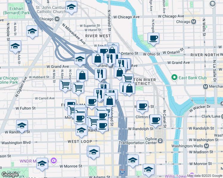 map of restaurants, bars, coffee shops, grocery stores, and more near 830 North Halsted Street in Chicago