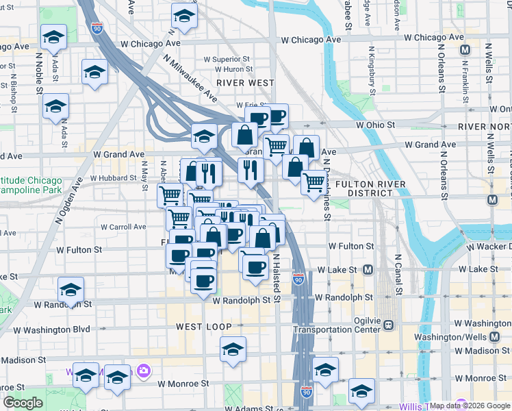 map of restaurants, bars, coffee shops, grocery stores, and more near 875 West Kinzie Street in Chicago