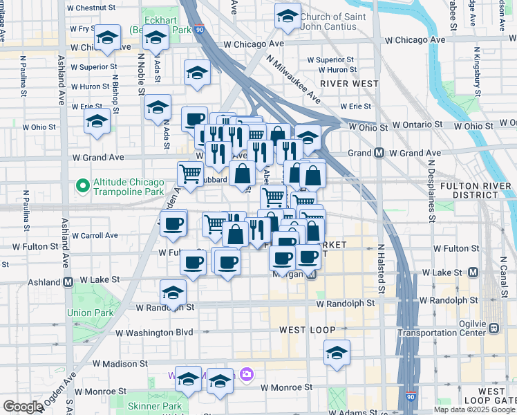 map of restaurants, bars, coffee shops, grocery stores, and more near 401 North May Street in Chicago