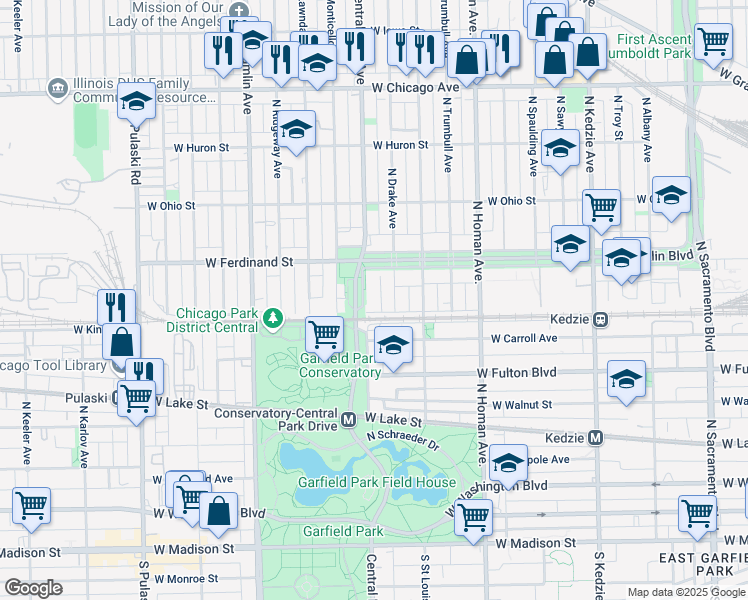 map of restaurants, bars, coffee shops, grocery stores, and more near 427 North Central Park Avenue in Chicago
