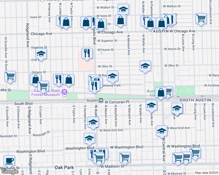 map of restaurants, bars, coffee shops, grocery stores, and more near 5908 West Midway Park in Chicago