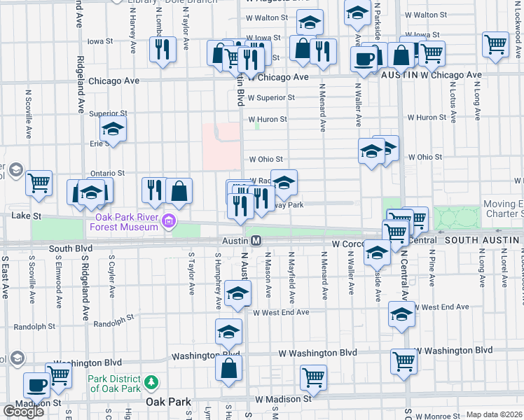 map of restaurants, bars, coffee shops, grocery stores, and more near 5948 West Midway Park in Chicago