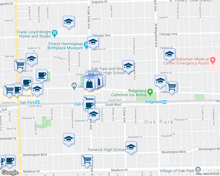 map of restaurants, bars, coffee shops, grocery stores, and more near 152 North Euclid Avenue in Oak Park