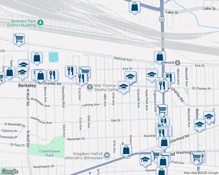 map of restaurants, bars, coffee shops, grocery stores, and more near 4703 Saint Charles Road in Bellwood