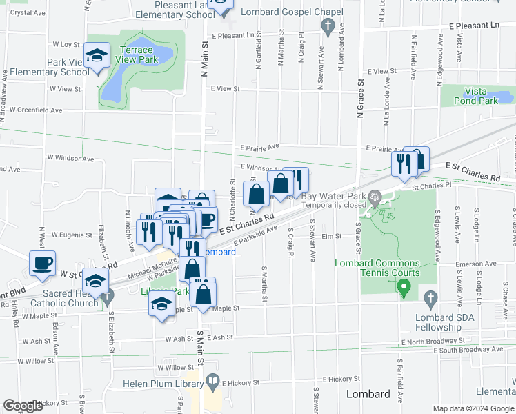 map of restaurants, bars, coffee shops, grocery stores, and more near 143 East Grove Street in Lombard