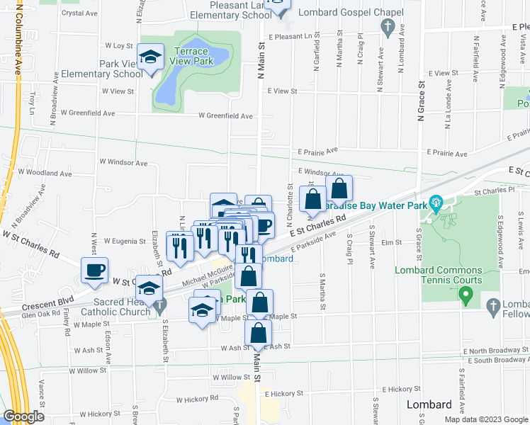 map of restaurants, bars, coffee shops, grocery stores, and more near 5 West Grove Street in Lombard