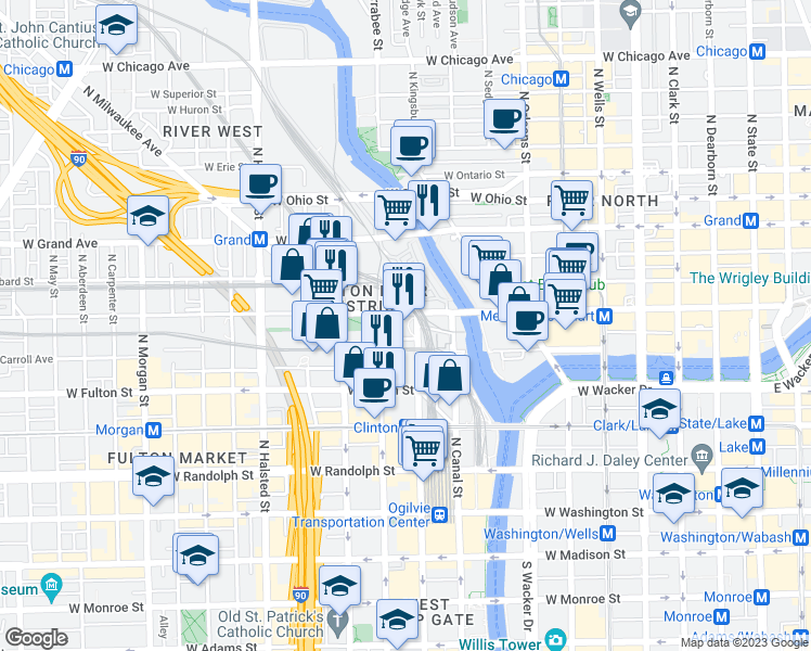 map of restaurants, bars, coffee shops, grocery stores, and more near 555 West Kinzie Street in Chicago
