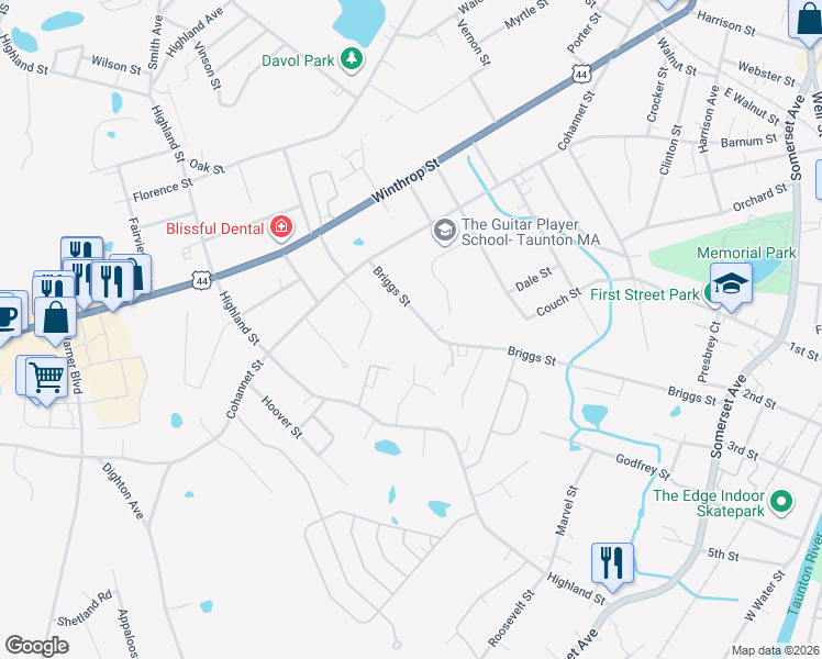 map of restaurants, bars, coffee shops, grocery stores, and more near 132 Briggs Street in Taunton