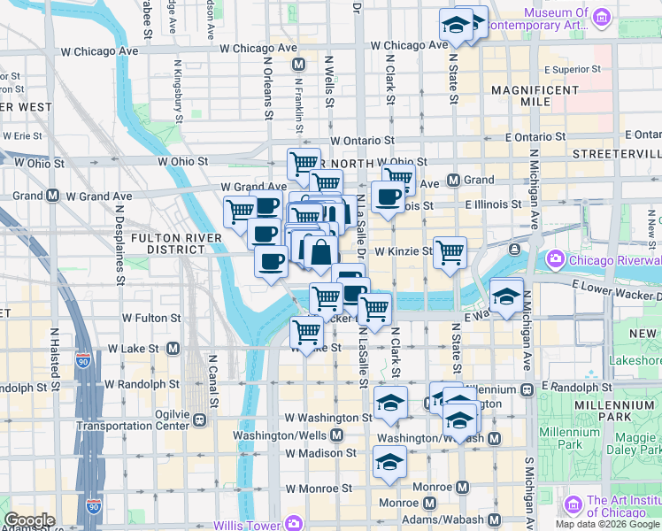 map of restaurants, bars, coffee shops, grocery stores, and more near 1020 North Wells Street in Chicago